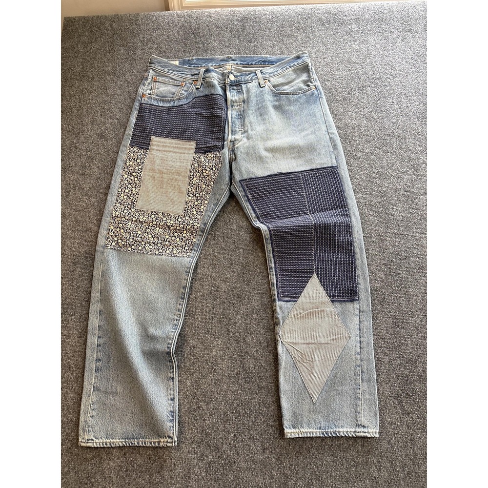 Levis Premium 501 54 Jeans Mens 38x29 Light Wash Patchwork Floral Straight Denim